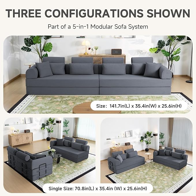 Boneless Sectional for Small Spaces, 106” L Shaped Couch from Two 70.87” Modules, Reconfigures to 141.7” Straight Sofa, Corduroy Compressed Couch in a Box with Headrest Back Pillows, Dark Grey