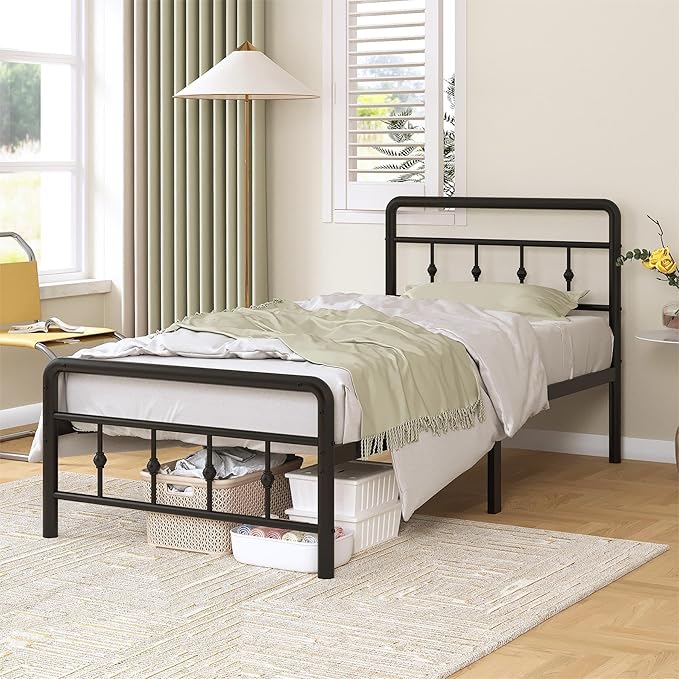 Richwanone 14 inch Twin Bed Frame with Headboard and Footboard, Heavy Duty Metal Bed Frame Victorian Style, No Box Spring Needed, Easy Assembly, Black