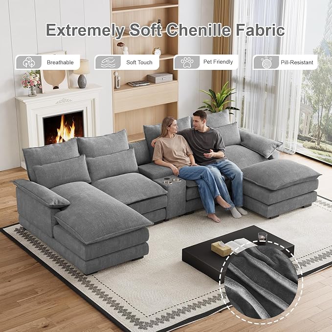 135" U Shaped Cloud Couch Sectional Modular Sectional Couches for Living Room Oversized Comfy Chenille Sofa Cloud Couch Set with Storage Central Console, USB Ports, Chaise Lounge, Ottoman, Grey