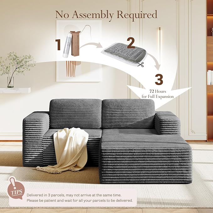 Vesgantti 80" Modular Sectional Sofa, Corduroy Cloud Couch with Deep Seats & Spring Support, Compact 2 Seater Boneless Couch, L-Shaped Modular Sofa for Small Spaces, Apartments, No Assembly, Grey