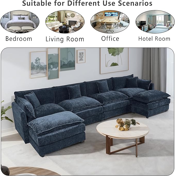 Setawix Deep 4 Seater Couch with Ottomans,147.22" U-Shaped Cloud Couches for Living Room,Chenille Cloud Sofa Couch with Foorest,Modular Sectional U Shape 4 Seat Sofa for Bedroom (Blue, 4+2)