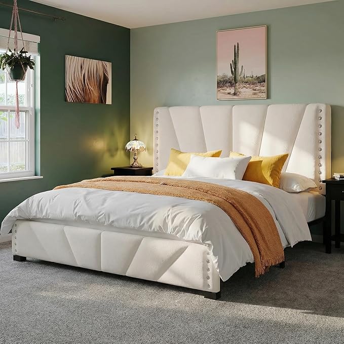 EnHomee Full Size Bed Frame, Velvet Bed Frame with Headboard and Led Light, Platform Bed Frame for Bedroom Apartment, Dorm, Noise-Free, Easy Assembly, Beige