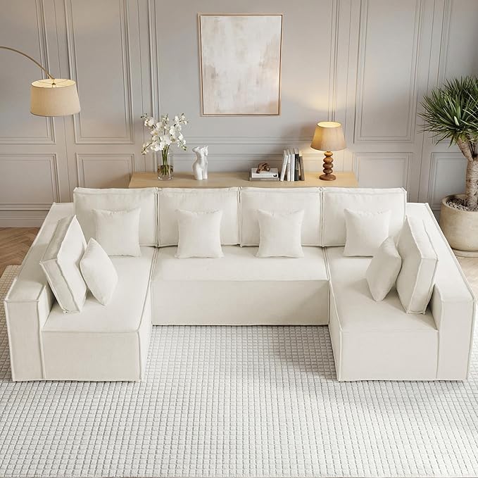 138'' Boneless Chenille Cloud Sectional Sofa, Oversized 6-Seater U-Shaped Modular Couch with Chaise, Extra Deep Seat Sleeper Sofa, No Assembly Compressed Sofa, Beige