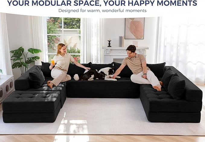 MAXYOYO Modular Sectional Sofa Couch, Foldable Oversized U Shaped Cloud Couch with Pillows, Tufted Boneless Sleeper Lounger Floor Sofa Bed for Living Room, No Assembly Required, Black
