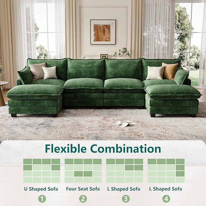 Modular Sectional U Shaped Sofa Couches for Living Room, Cloud Couch with Movable Ottoman, Comfy Chenille Sofa with Pillow for Bedroom and Apartment,Green