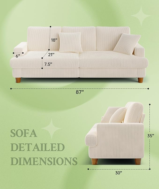 87.2" Couches for Living Room, Comfy Beige Couch 7.5" Extra Thick Cushion, Sofas for Living Room Tool-Free Setup, Loveseat Sofa 848lbs Support, Corduroy Couch for Bedroom, Apartment, Office