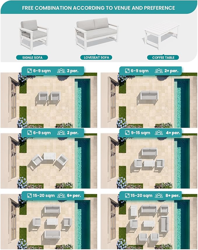 SERWALL HDPE Outdoor Loveseat with Cushions, All Weather Use Outdoor Loveseat Sofa, White Frame/Khaki Cushion