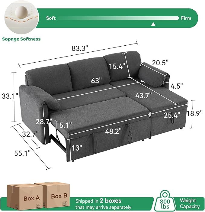 Tbfit 83'' Pull Out Sofa, 3 in 1 Sleeper Sofa Couch with USB & Storage Chaise, Comfy Sofa Bed with Pull Out Bed, Convertible Sleeper Sofas for Living Room, Small Spaces, Dark Gray