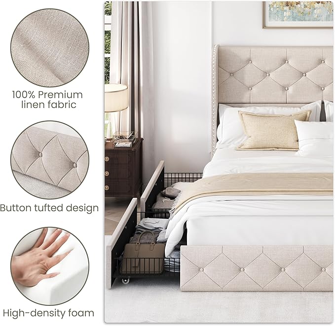 LARMACE Full Size Bed Frame with 4 Storage Drawers and 47.2" Tall Wingback Headboard Linen Upholstered Platform Bed Frame Tufted Beds with Wooden Slats Support, Easy Assembly, Beige