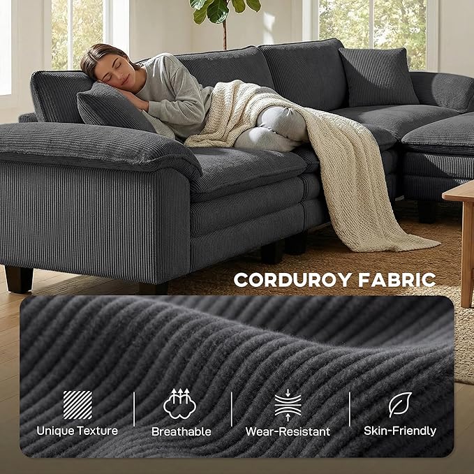 HOMCOM Modular Sectional Sofa Couch 124" Oversized L Shape Sectional Cloud Couch with Deep Seat, Movable Ottoman and Pillow-top Armrests for Living Room, Bedroom and Apartment, Dark Gray | Deep seat