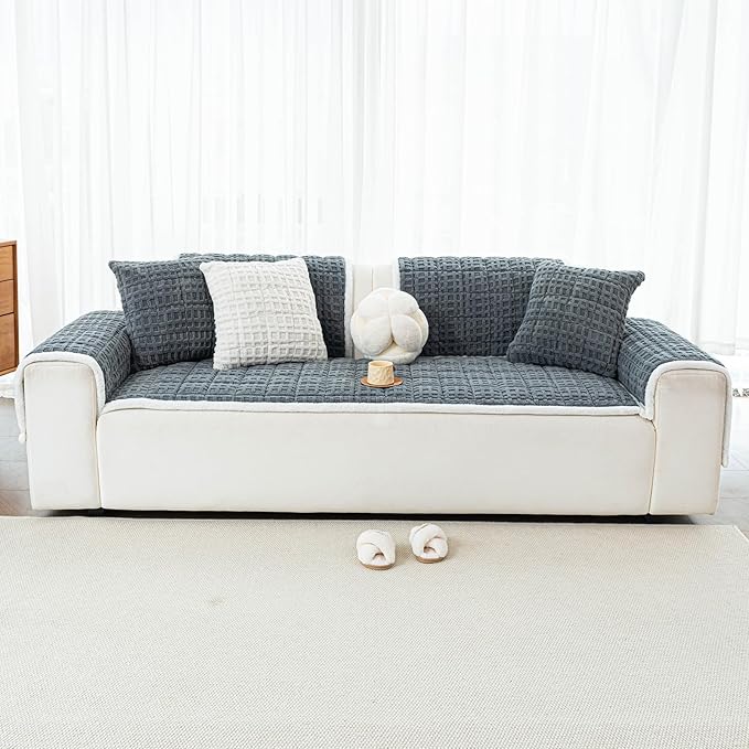 Dog Couch Cover, Couch Cover for Dogs Washable, Funny Fuzzy Plush Sofa Covers, Non Slip Dog Covers for Couches and Sofas, Sofa Pad Furniture Protector for L Shaped(Dark Grey, 27.6"x 70.9")