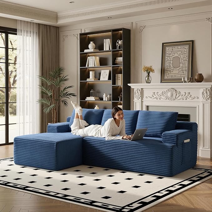 96" Sectional Couches for Living Room Cloud Couch Sofa with L-Shape Upholstered Boneless Couchs Modern Modular Sectional Couch with Chaise (Bule, 96" W+Left Facing Chaise+2Seaters)