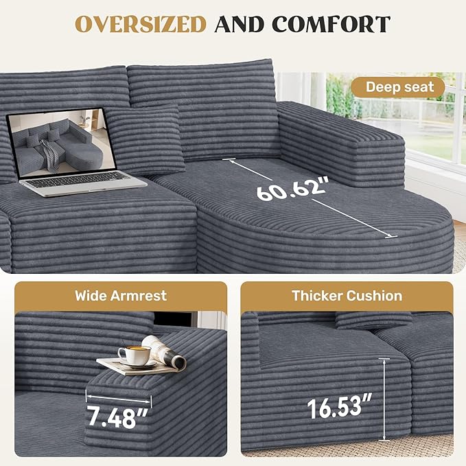 110" Modular Sectional Sofa Couches, Cloud Couches for Living Room, Boneless Sofa with Deep Seat,L-Shape Couch with Chaise,No Assembly Required,Grey,1 PCS