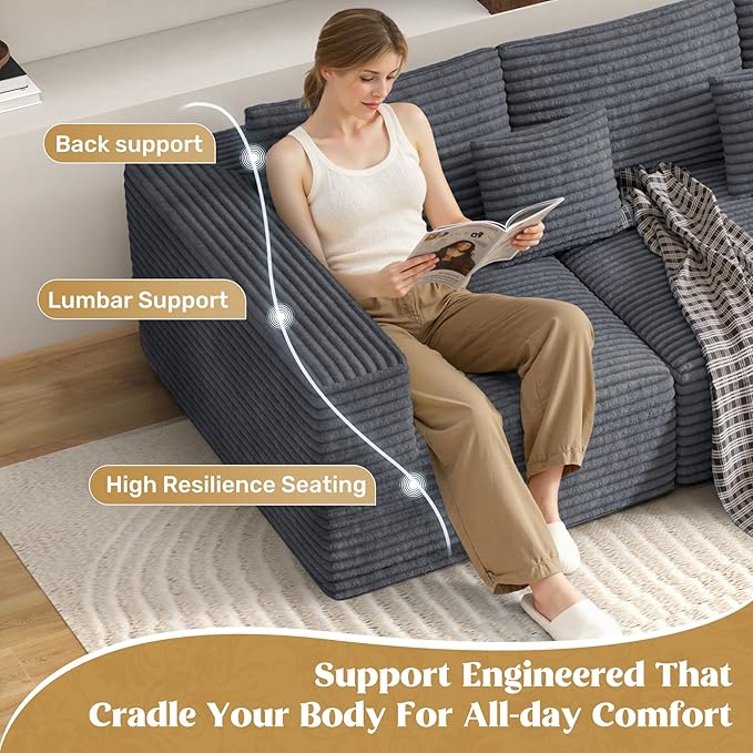 110" Modular Sectional Sofa Couches, Cloud Couches for Living Room, Boneless Sofa with Deep Seat,L-Shape Couch with Chaise,No Assembly Required,Grey,1 PCS