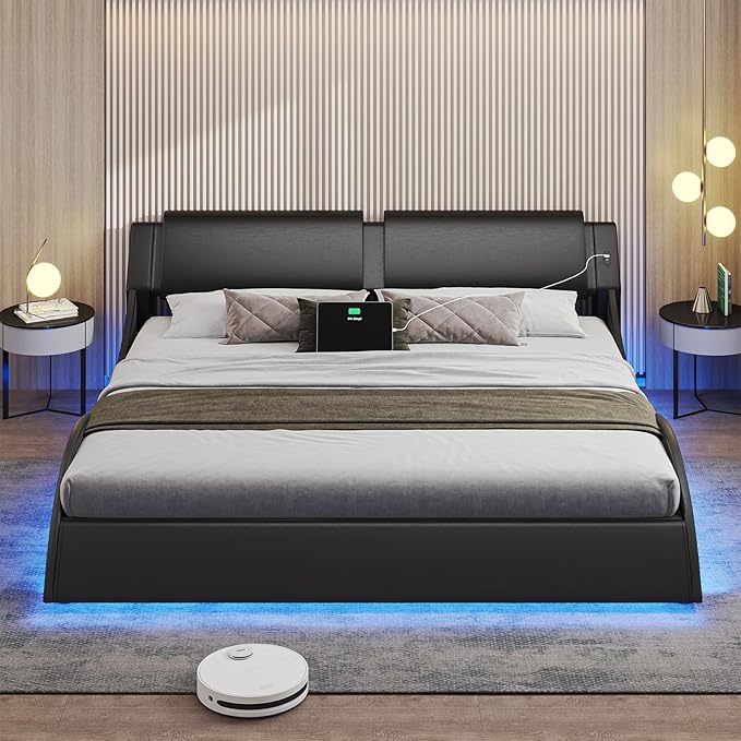 DICTAC King Size Bed Frame with Headboard and Charging Ports Modern Low Profile King Platform Bed Frame with LED Lights Wave Like Curve Led Bed Frame King Size with Wood Slats Support,Black