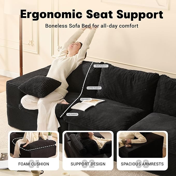 106.3” Sectional Couches for Living Room, Set of Cloud Couch, Modular Sectional Sofa, Convertible Sofas Bed, Deep Seat Sofa, Corduroy, Black
