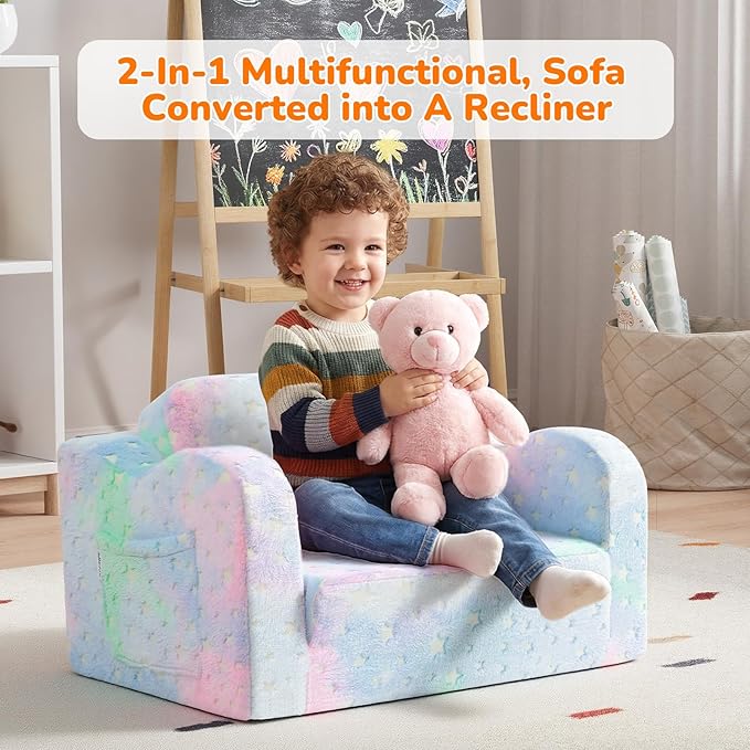 MeMoreCool Glowing Pastel Rainbow Kids Chair, 2-in-1 Foldable Kids Couch and Kids Sofa for Playroom Nursery, Soft Foam Fold Out Kids Couch with Glow-in-the-Dark Stars, Washable Cover | Reading, Lounging