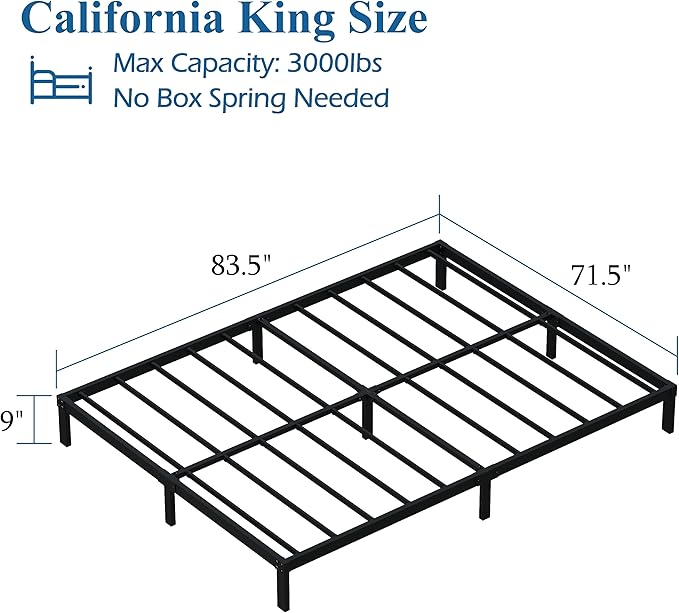 DiaOutro 9 Inch California King Bed Frames Heavy Duty Low Profile Metal Platform No Box Spring Needed Mattress Foundation, Easy to Assembly, Noise Free, Black