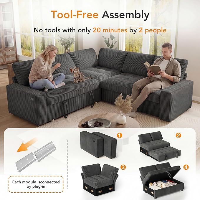 Vipbear Pull Out Sofa Bed Sectional Sleeper Sofa with Reclining Backrest & Storage, Plush Pullout Modular Sectional Couches with USB Charging, L Shaped Convertible Couch Bed for Apartment, Grey | Breathable material, Tool-Free Assembly