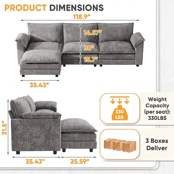 118.9'' L Shaped Sectional Couch, Modular Cloud Sofa with Deep Seat & Double Layer Cushion, Modern Chenille Sofa Couches with Movable Ottoman for Living Room & Appartment (Light Grey, L Shaped Sofa)