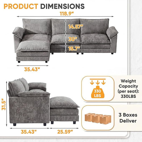 118.9'' L Shaped Sectional Couch, Modular Cloud Sofa with Deep Seat & Double Layer Cushion, Modern Chenille Sofa Couches with Movable Ottoman for Living Room & Appartment (Light Grey, L Shaped Sofa)