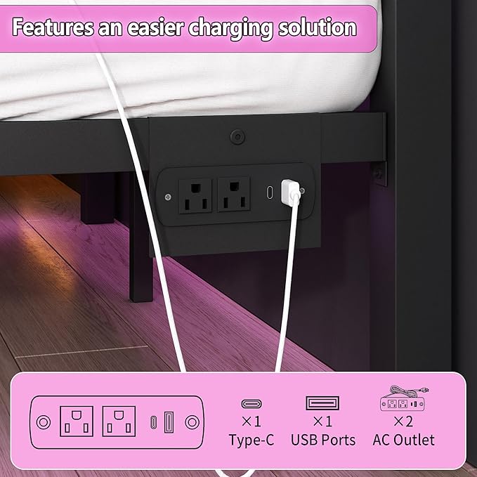 CLIBFENG Full Size Bed Frame with Headboard and Footboard,Steel Slats Support-LED Bed Frame with USB Charging Station,Mattress Foundation-Under Bed Storage, No Box Spring Needed,Noise Free,Black