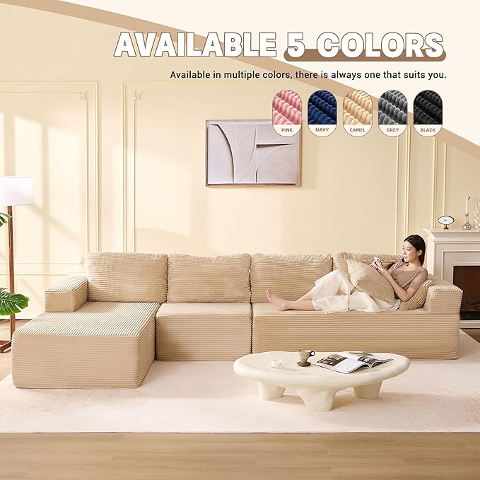 138" Boneless Couch with Deep Seat, Set of Modular Sectional Sofa, Cloud Sectional Couch for Living Room, No Assembly Required, Corduroy, 4 Seater L-Shape Left, Camel