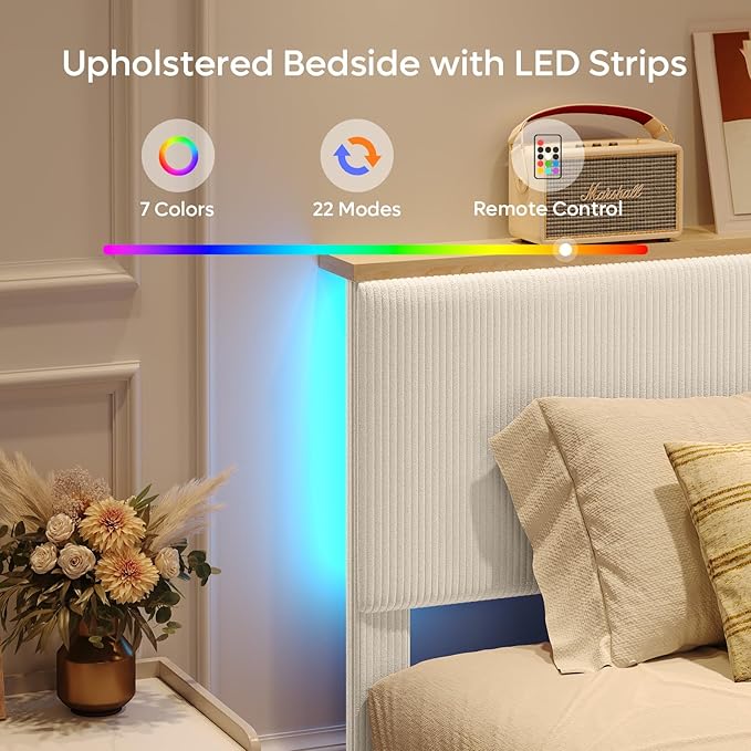 Bestier King Bed Frame with Adjustable Headboard & LED Lighting, Corduroy Upholstered Platform Bed Frame with Storage Shelf, Solid Wood Slats, No Box Spring Needed, Never Squeak, Easy Assembly, Beige