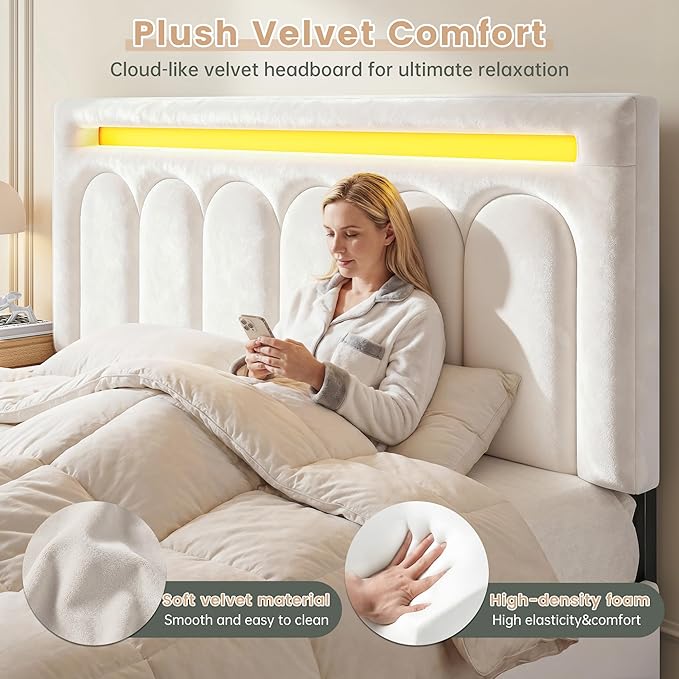 Homkdom Velvet Upholstered Full Size Bed Frame with 4 Storage Drawers, Vertical Arched LED Headboard, Sturdy Wood Slats Support, No Box Spring Needed, Beige