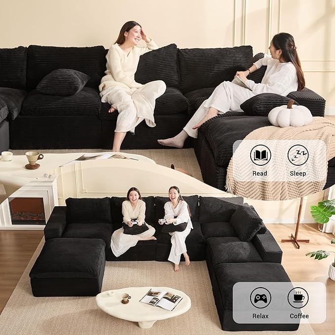 137.8” Sectional Couches for Living Room, Set of Cloud Couch, Modular Sectional Sofa, Convertible Sofas Bed, Deep Seat Sofa, Sleeper Sofa Full Size, Corduroy, Black