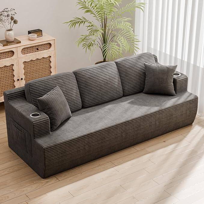 Homall 87” Boneless Sofa Couch with 2 Pillows Extra Deep Seats, Corduroy Fabric 3 Seater Sofa for Living Room with Cup Holder & Storage Pocket Upholstered Floor Sofa Easy Installation (Grey, 3 Seater)