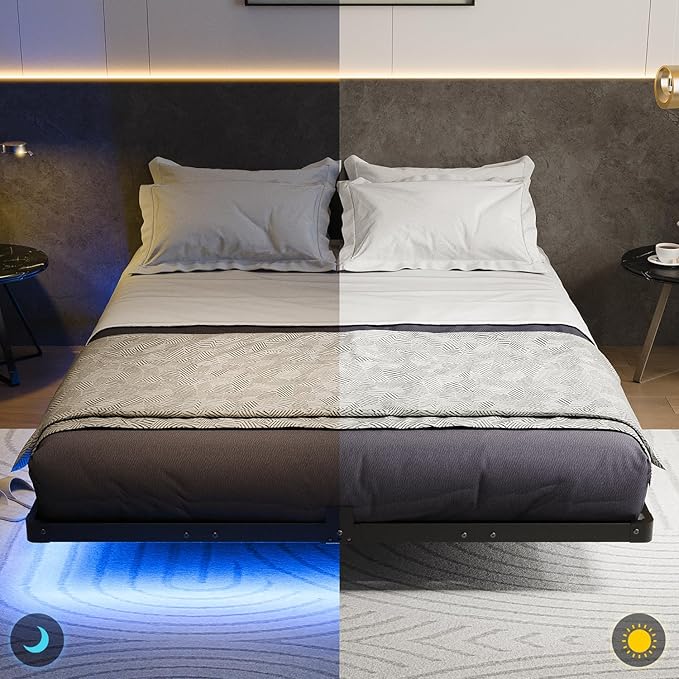 Liians Queen Size Floating Bed Frame with USB Charging Station and LED Lights, Modern Metal Platform Bed Frame with Mattress Slide Stopper, Noise Free No Box Spring Needed and Easy Assembly