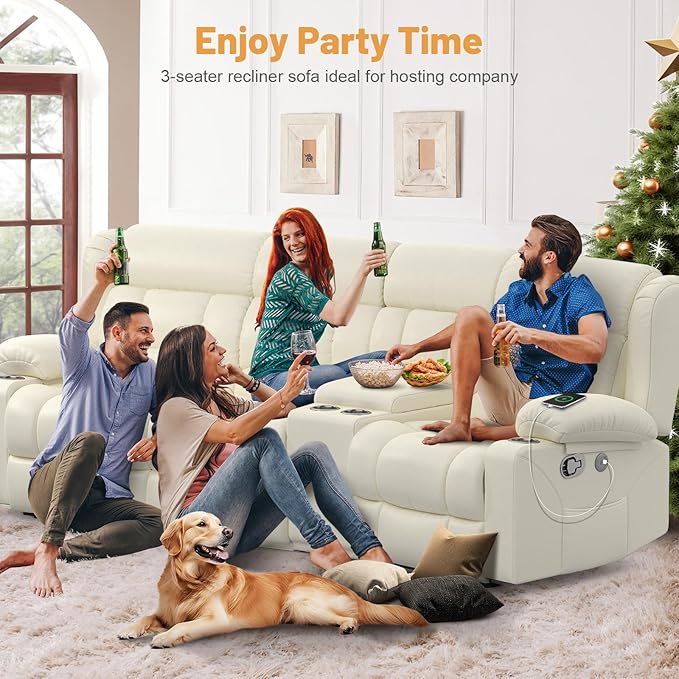 Recliner Sofa with Storage Console, Flip Middle Backrest Design PU Leather 3 Seat Reclining Sofa with Storage Drawer, Manual Couch for Living Room (Ivory, 3 Seater + Console)