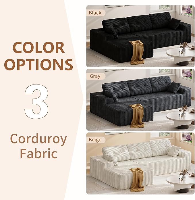Ball & Cast 106" Modular Sectional Sofa, Cloud Corduroy Couch with Deep Seat, Boneless L-Shaped Sectional, Upholstered Modular Sofa for Living Room, No Assembly Required (Black, Left Facing Chaise)