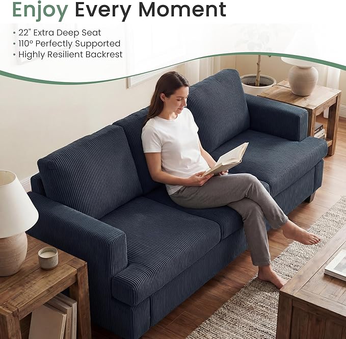 YOUDENOVA Sofa, 63” Comfy Loveseat Sofa with Deep Seats, Couch for Living Room, Modern Sleeper Couch, Blue Corduroy
