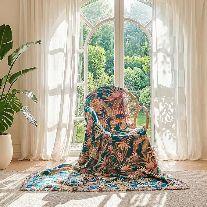 LUTBM Boho Throw Blanket for Bed Cotton Spring Blankets Bedroom Living Room Twin All Season Lightweight Forest Embroidery Quilt for Couch Sofa Chair 60"x80"