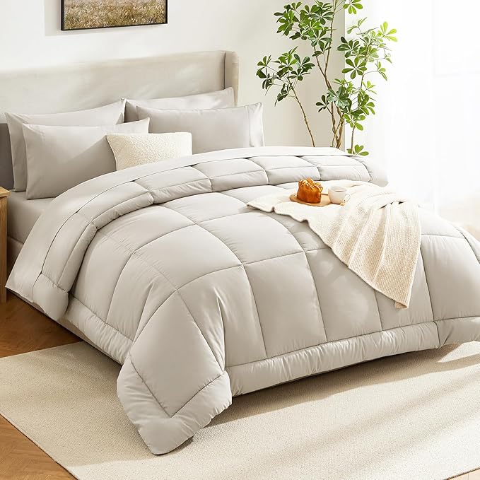 CozyLux Queen Comforter Set Beige, 7 Pieces Bed in a Bag, Beige Comforters Queen Size, All Season Bedding Sets with Stitch Quilted Comforter, Flat Sheet, Fitted Sheet, Pillowcases