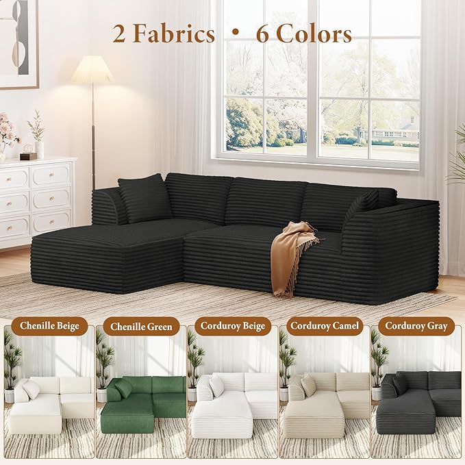 Vesgantti 106" Cloud Sectional Couch with Chaise, Deep Seat Comfy Modular Sectional Sofa Corduroy Memory Foam Boneless Couches for Living Room Bedroom, No Assembly Required (Black, Left-Facing Chaise)