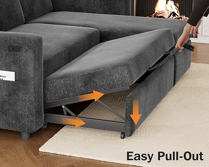 Vipbear 82" Sectional Sleeper Sofa with Pull Out Bed, L Shaped Couch Sleeper Sofa Bed, Pull Out Couch with Reclining Backrest, Reversible Storage Chaise, USB Ports, Tool-Free Assembly, Chenille Grey