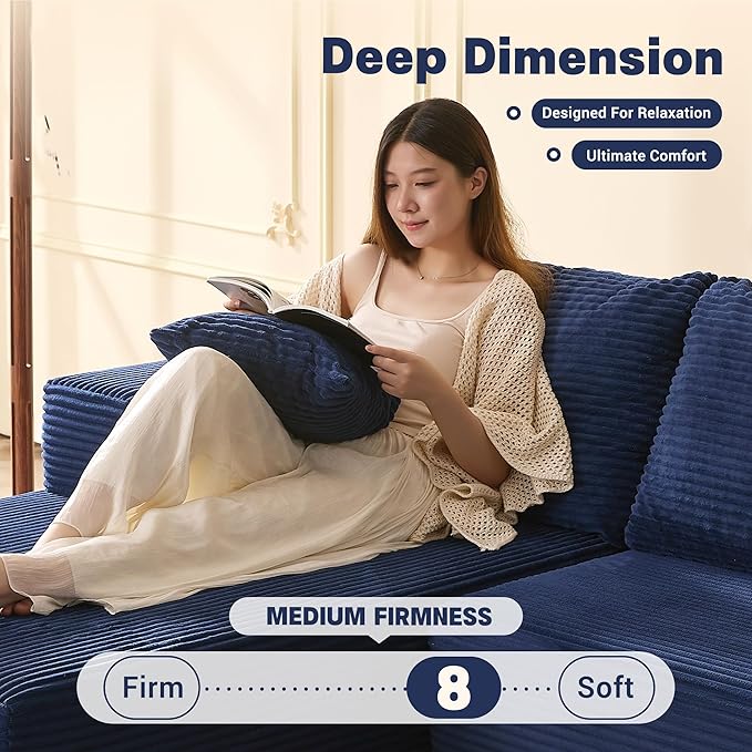 107" Boneless Couch with Deep Seat, Set of Modular Sectional Sofa, Cloud Sectional Couch for Living Room, No Assembly Required, Corduroy, L-Shape Left, Blue