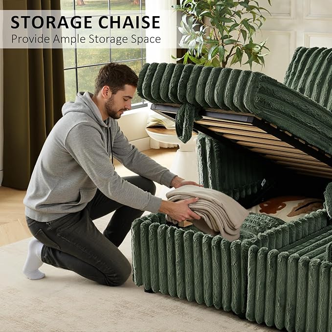 Sleeper Sofa Bed, 81” Pull Out Couch Bed with Reversible Storage Chaise, 3 in 1 L-Shaped Couch with Charging Station, Cup Holder, Side Pocket, Plush Corduroy Couches for Living Room(Green)