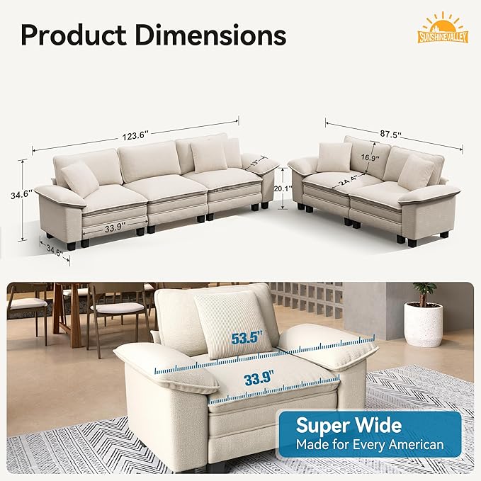 Sofa and Loveseat Set, Oversized Chenille Modular Love seat and 3-Seat Couch with Pillows, 2 Piece Modern Cloud Sectional Deep Seat Sofa Furniture Set for Living Room, Beige