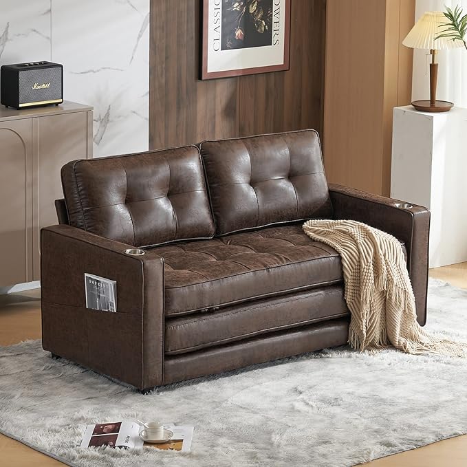 VINGLI Upgraded 64" W 84" L Full Size Futon Sofa Bed, 6" Thick Upholstery Rustic Microfiber Loveseat Sofa Sleeper Pull Out Couch,Convertible Floor Couch for Living Room, Bedroom, Entertainment Room