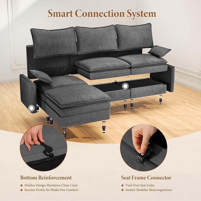 Vesgantti 142" Oversized Sectional Sofa Bed, 8-Seater Modular Sleeper Cloud Couch with Movable Ottoman, Chenille Convertible Sofa Set Deep Seat Couches for Living Room, Bedroom and Apartment, Gray