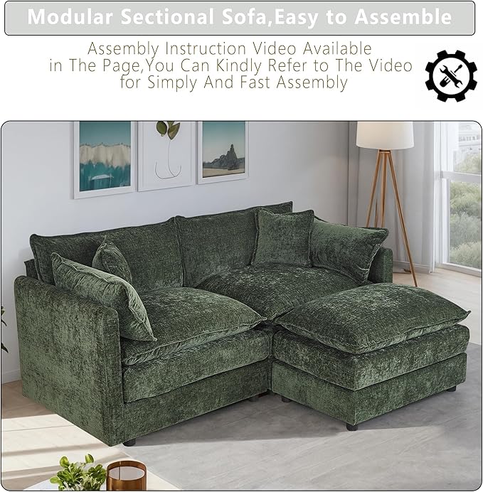 Setawix Deep Loveseat Couch with Ottoman,Large L-Shaped 2 Seater Cloud Couches for Living Room,77.16" Chenille Cloud Sofas with Deep Seat,Modular Sectional 2 Seat Sofa for Bedroom (Green, 2+1)