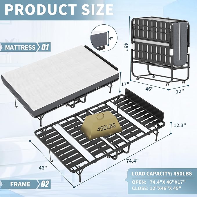 Folding Bed, 74"x46" Portable Beds for Adults, Heavy Duty Sturdy Metal Frame, Foldable Bed on Wheels for Twin Size, Space Saving Rollaway Bed for Guest Easy Storage (Headboard)