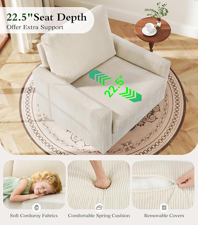 Kidirect 35.5in Corduroy Sofa Accent Chair, Tool-Free Setup Living Room Couch Accent Chairs, Reading Chair for Bedroom 22.5in Extra Deep Seats, Comfy Arm Chairs for Office, All-Wood Reading Nook Beige