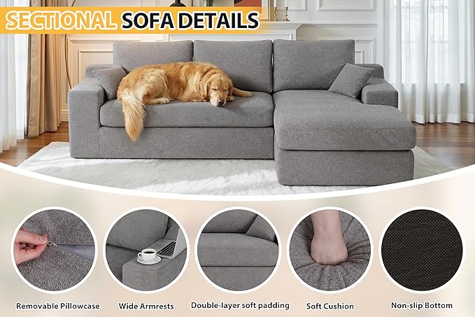 HABUTWAY 101'' Modular Sectional Sofa, Cloud Sectional Couches for Living Room, Comfy Boneless Couch with Deep Seat, Modern L-Shape Sofa with Chaise, No Assembly Required (Grey, Right Facing Chaise)