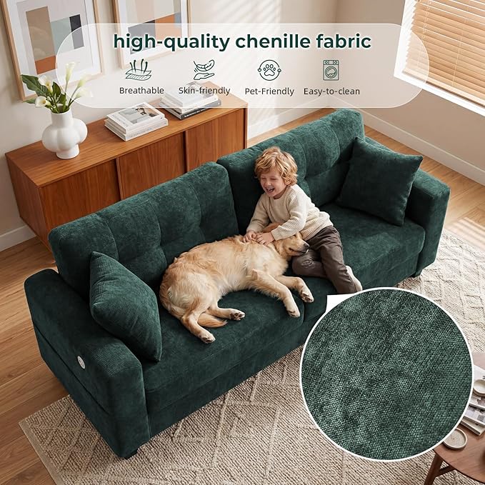 87" Loveseat Sofa for Living Room, Modern Chenille Cloud Couch with USB/Type-C Charging Ports, Side Pockets, Removable Cover, Wide Armrests, Small Couch for Small Space, Easy Assembly, Green