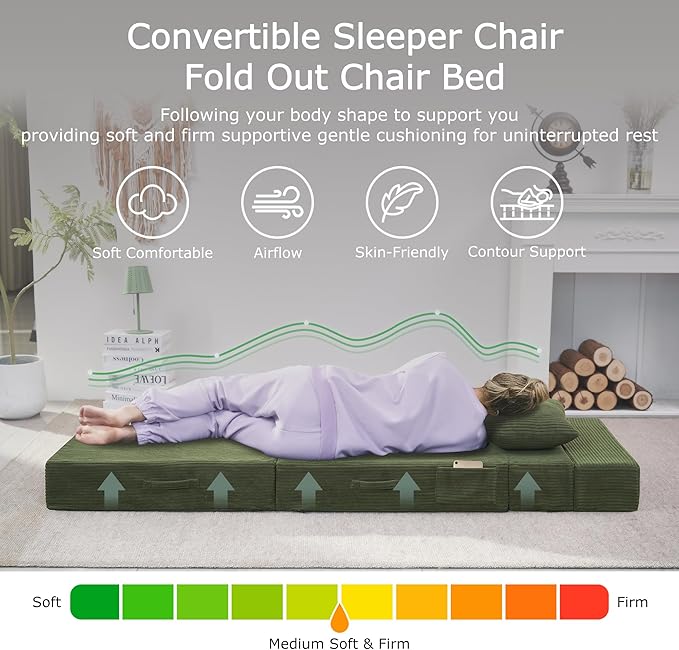 Folding Sofa Bed, 4 in 1 Convertible Sleeper Chair with Pillow, Single Memory Foam Fold Out Chair Bed, Modern Floor Futon Sofa Couch Mattress for Living Room/Guest/Apartment, Green | Convertible, Compressed sofa, Large storage bag